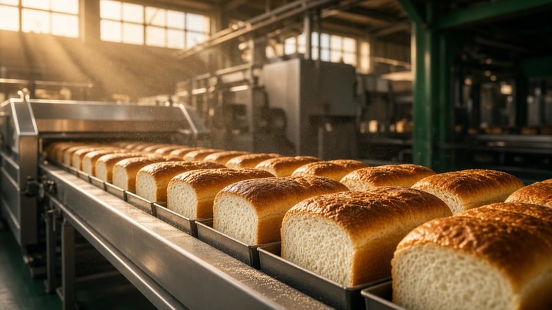 Sliced sandwich bread loaves on an industrial bakery production line